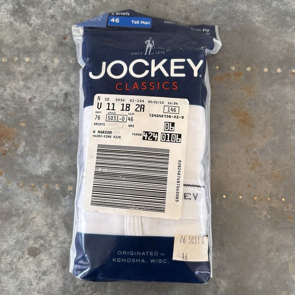 Jockey Classics Briefs 2 Pk White Size 46 Tall Man Y-Front 100% Cotton NOS 2013